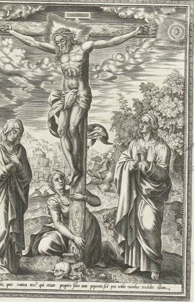 Korsfæstelse med Maria, Johannes Døberen og Maria Magdalene af Hieronymus Cock