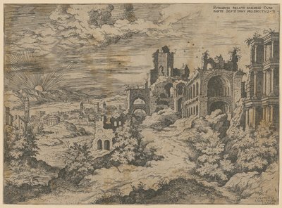 Ruinerne af Palatin med panoramaudsigt over landskabet, blad 3 i serien »Praecipua aliquot Romanae Antiquitatis Ruinarum Monimenta [...]« af Hieronymus Cock