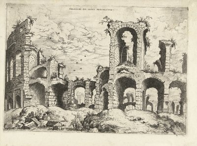 Anden udsigt over Colosseum i Rom Collossæi ro alivs prospectvs (titel på objekt) Romerske ruiner (serietitel) af Hieronymus Cock
