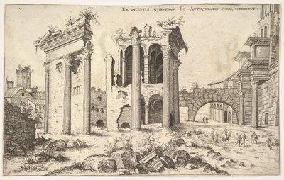 Udsigt over uidentificerede ruiner med skåret facade til venstre, arkader i midten og bue ved r..., 1551. af Hieronymus Cock