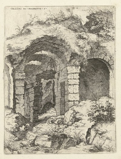 Sjette udsigt over Colosseum i Rom Colossi til prospekt vs 6 (titel på objekt) Romerske ruiner (serietitel) af Hieronymus Cock