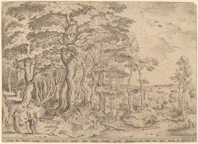 Landskab med Kristi fristelse af Hieronymus Cock after Pieter Bruegel the Elder