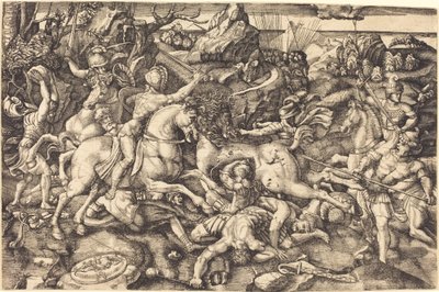 Kamp mellem ryttere og fodsoldater af Hieronymus Hopfer after Raphael