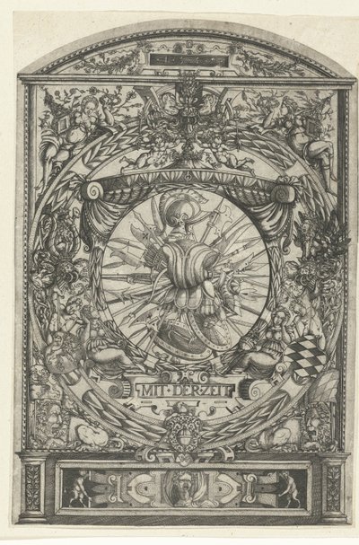 Medaljon med våbentrofæ i ornamental ramme af Hieronymus Wechinger