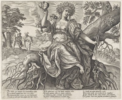 Guldalderen: naturloven Prima tas (titel på objekt) Personificeringer af de tre love styrer verdens tre tidsaldre (serietitel) af Hieronymus Wierix