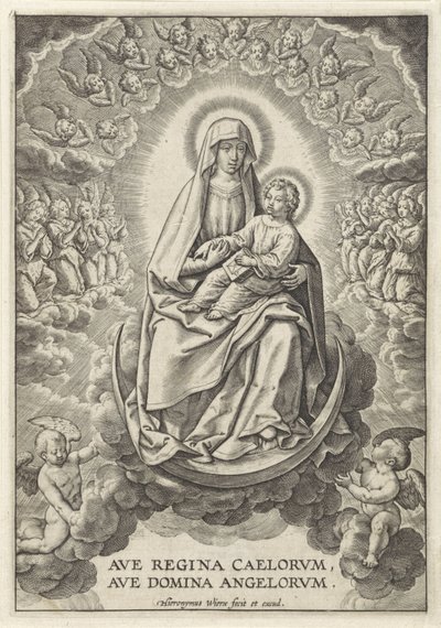 Maria med Kristusbarnet på Halvmånen Ave Regina Caelorum, Ave Domina Angelorvm (titel på objekt) af Hieronymus Wierix