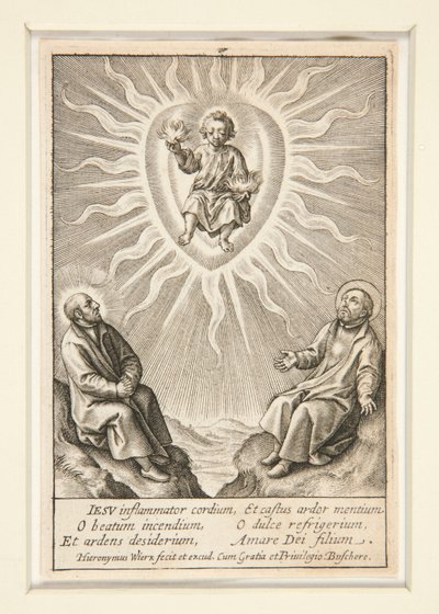 Spædbarnet med et flammende hjerte mellem Ignatius af Loyola og Francis Xavier af Hieronymus Wierix