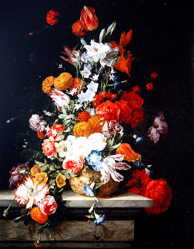 Blandede blomster i en forgyldt vase (olie på panel) af Hieronymus the Elder Galle