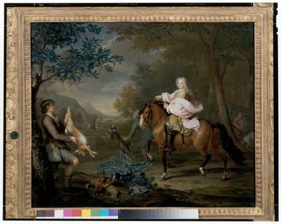 En herre til hest med jægere i et vidtstrakt landskab af Hieronymus van der Mij