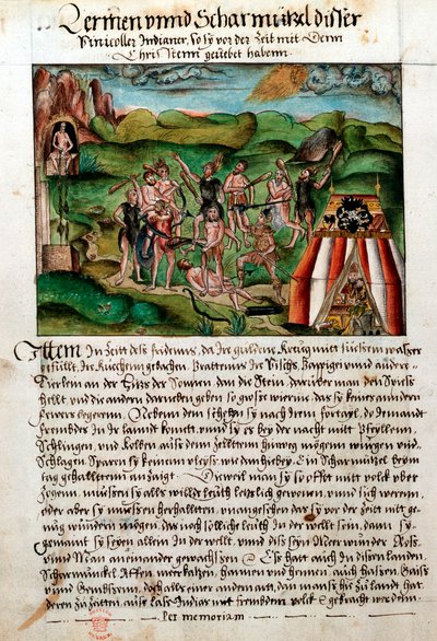 Venezuelanere angriber spanske conquistadorer, c1500-tallet af Hieronyouse Koler