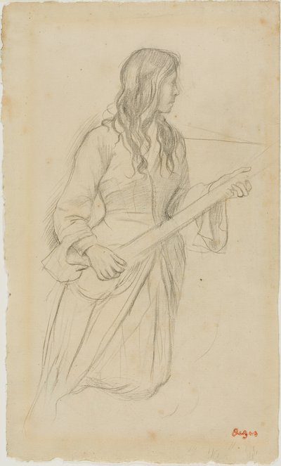 Ung kvinde, der spiller mandolin, studie til portræt af Mlle Fiocre i balletten "La Source" af Hilaire Germain Edgar Degas