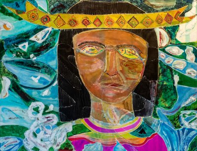 Amazonas-Shaman Olivia Arevalo, 2022 (farvning og maling på silke) af Hilary Simon