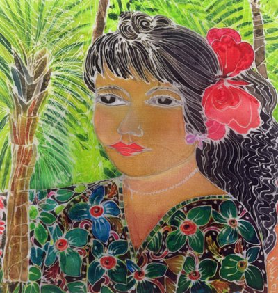 Dame med Hibiscus (farvet blæk på silke) af Hilary Simon