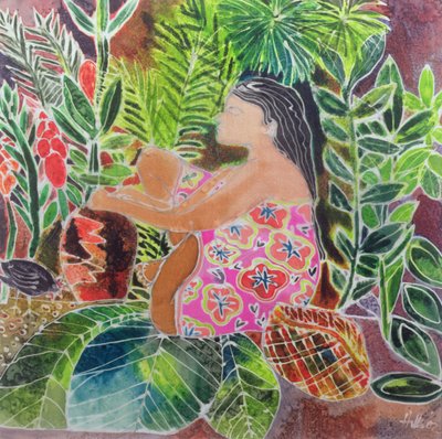 Potter in the Tropics (farvet blæk på silke) af Hilary Simon