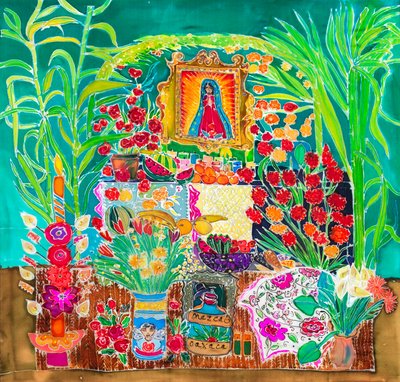 Helligdom, de dødes dag, Oaxaca, 2023 (farver på silke) af Hilary Simon