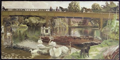 Swans, Cookham Bridge (olie på lærred) af Hilda Carline