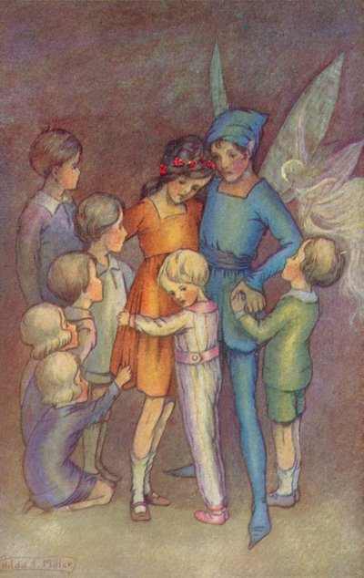 Peter Pan og Klokkeblomst (farvelitografi) af Hilda Theodora Miller