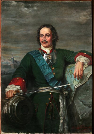 Portræt af Peter I den Store (1672-1725) Zar af Rusland - Peter den Store (Efter Hippolyte Delaroche) - Bezler-Ciszewska, Henryka - 1914 - Olie på lærred - 170x119 - Regionalt I. Kramskoi kunstmuseum, Voronezh af Hippolyte Delaroche