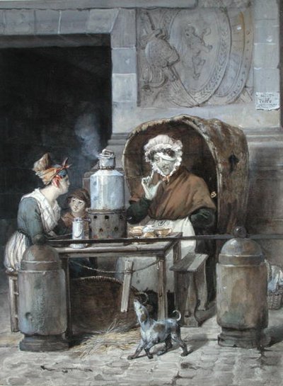 Kaffesælger på hjørnet af Porte Saint-Denis, 1830 (wc på papir) af Hippolyte Adam