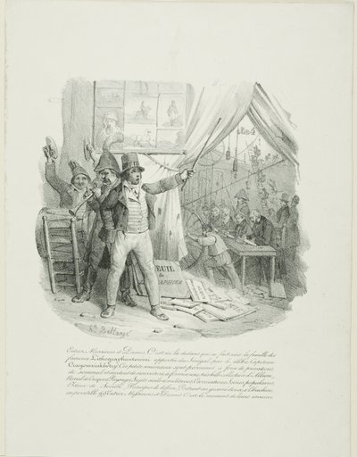 Kom ind, mine damer og herrer. Indenfor vil I se den berømte litografi-antoccini-familie ... Frontispice til "Album of 1824". af Hippolyte Bellange