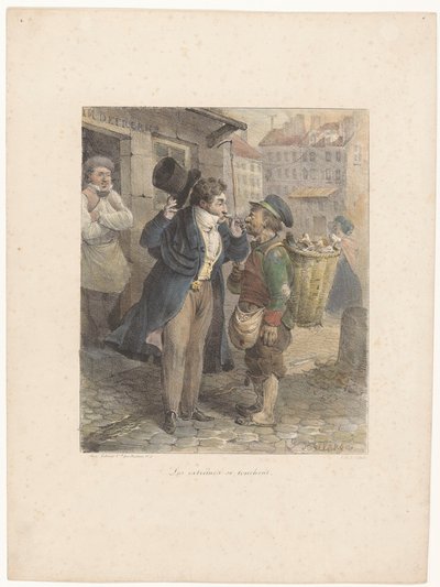 Velklædt herre tænder sin cigar fra piben fra en arbejder i klude Les extrêmes se touchent (titel på objekt) Litografiske skitser (serietitel) Croquis lithographiques (serietitel på objekt) af Hippolyte Bellange