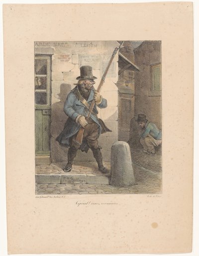 Militæret ringer til korporal, som gør sine forretninger på gaden kaporal! Venez reconnaître (titel på objekt) Litografiske skitser (serietitel) Croquis lithographiques (serietitel) af Hippolyte Bellange