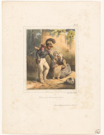 Soldat giver en fattig kvinde nogle penge Dieu vous benira mon brave (titel på objekt) Litografisk album nr. 9 (serietitel) af Hippolyte Bellange