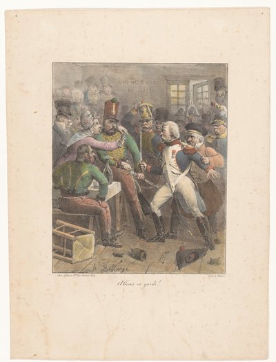 To soldater krydser sværd på en pub Vær på vagt! (titel på objekt) Litografiske skitser (serietitel) Croquis lithographiques (serietitel) af Hippolyte Bellange