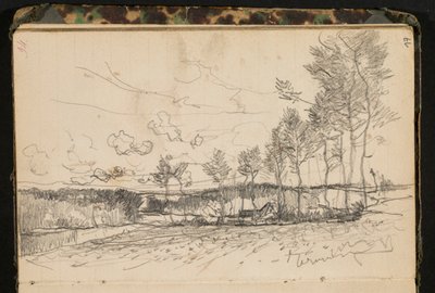 Landskab med træer og en gård (side fra en skitsebog) af Hippolyte Boulenger