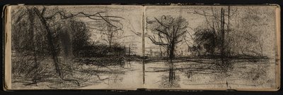 Landskab med dam (side fra en skitsebog) af Hippolyte Boulenger