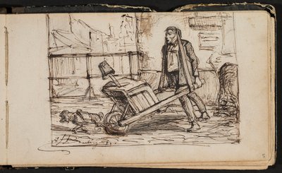 Mand med trillebør og lille hund (side fra en skitsebog) af Hippolyte Boulenger