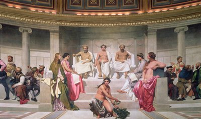 Hemicycle: Artists of All Ages, detalje af Ictinus, Apelles og Phidias, 1836-41 fresco se også 83553 og 83555 af Hippolyte Delaroche