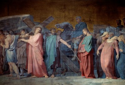 Kristus bærer sit kors Detalje af en fresco af Hyppolithe Flandrin (1800-1864) Saint Germain des Pres-kirken fra det 19. århundrede, Paris af Hippolyte Flandrin