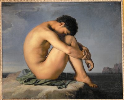 Nøgen ung mand sidder ved havet ... af Hippolyte Flandrin