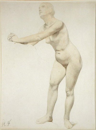 Nøgen (blyant og akvarel på papir) af Hippolyte Flandrin
