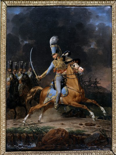 Oberst de Hussard ca. 1815 - 1816. Maleri af Lecomte dateret 1816. Samling "" The Soldiers of Yesteryear"". Paris af Hippolyte Lecomte