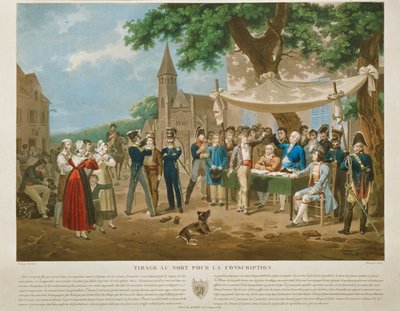 Gravering efter Lecomte: Værnepligtige, der trækker lod (gravering) af Hippolyte Lecomte