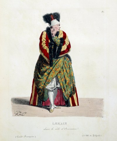 Den franske skuespiller Henri Louis Cain kaldte Lekain eller Le Kain (1729-1778) i rollen som Orosmane i Voltaires stykke Zaire (1694-1746) ved den franske komedie. Litografi af Hippolyte Lecomte (1781-1857) 1800-tallets privatsamling af Hippolyte Lecomte