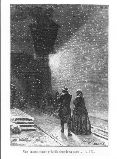 En enorm skygge, der bliver afløst af et skarpt lys, illustration fra "Jorden rundt på 80 dage" af Jules Verne (1828-1905), graveret af Pan, 1873 af Hippolyte Leon Benett