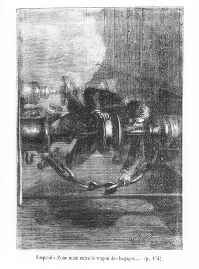 Hængende ved én hånd mellem bagagevognen, illustration fra 
