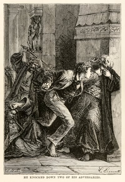 Han væltede to af sine modstandere, fra Around the World in Eighty Days af Jules Verne (1828-1905), indgraveret af Louis Dumont (f.1822), 1873 af Hippolyte Leon Benett