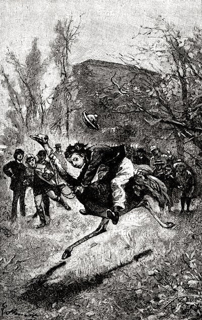 Den unge Tjeneste rider på en struds. Gravering af Hippolyte Leon Benett