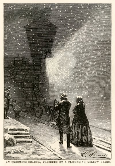 En enorm skygge, indledt af et flimrende gult genskin, fra Jorden rundt på firs dage af Jules Verne (1828-1905) indgraveret af Adolphe François Pannemaker (1822-1900), 1873 af Hippolyte Leon after Benett