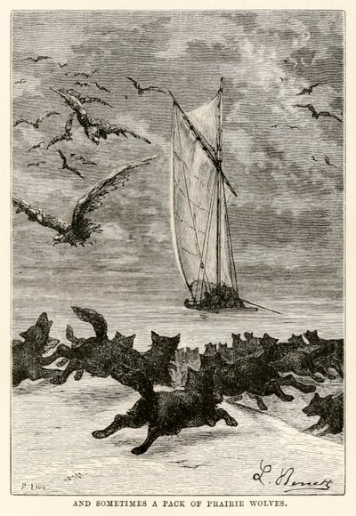 Og nogle gange en flok prærieulve, fra Jorden rundt på firs dage af Jules Verne (1828-1905) indgraveret af Louis, 1873 af Hippolyte Leon after Benett