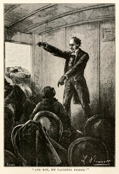Og du, min trofaste ven., fra Jorden rundt på firs dage af Jules Verne (1828-1905) graveret af Louis, 1873 af Hippolyte Leon after Benett