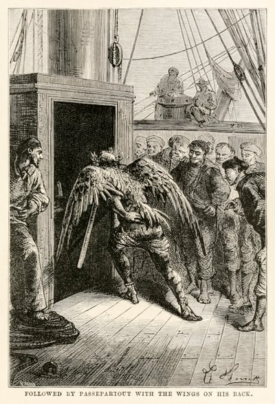 Efterfulgt af Passepartout med vingerne på ryggen, fra Jorden rundt på firs dage af Jules Verne (1828-1905), indgraveret af Adolphe François Pannemaker (1822-1900), 1873 af Hippolyte Leon after Benett