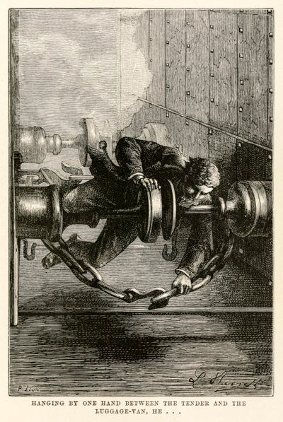 Han hænger med den ene hånd mellem bud og bagagevognen og... fra Jorden rundt på firs dage af Jules Verne (1828-1905) graveret af Louis, 1873 af Hippolyte Leon after Benett