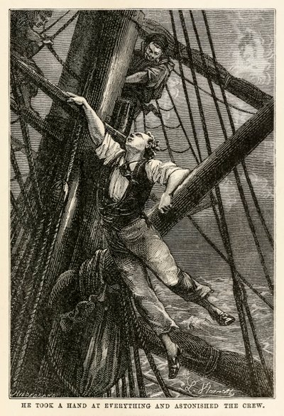 Han tog hånd om alt og forbløffede besætningen, fra Jorden rundt på firs dage af Jules Verne (1828-1905) indgraveret af Henri-Théophile Hildebrand (1824-97), 1873 af Hippolyte Leon after Benett