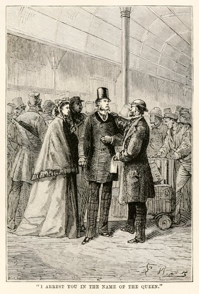 Jeg arresterer dig i dronningens navn, fra Jorden rundt på firs dage af Jules Verne (1828-1905), 1873 af Hippolyte Leon after Benett