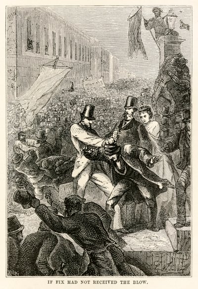 Hvis Fix ikke havde modtaget slaget, fra Jorden rundt på firs dage af Jules Verne (1828-1905) indgraveret af Henri-Théophile Hildebrand (1824-97), 1873 af Hippolyte Leon after Benett